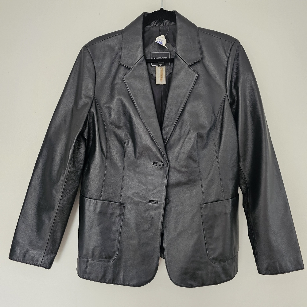 Vintage Outbrook short leather trench coat jacket black single breasted medium